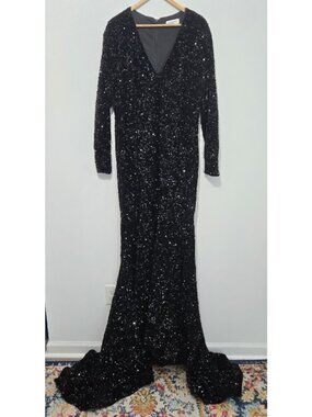 Faeriesty Black Sequin Mermaid Dress Gown Train Sz 2XL Formal Goth Glam Elegant